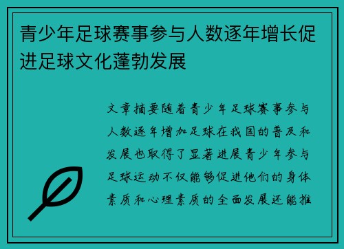 青少年足球赛事参与人数逐年增长促进足球文化蓬勃发展